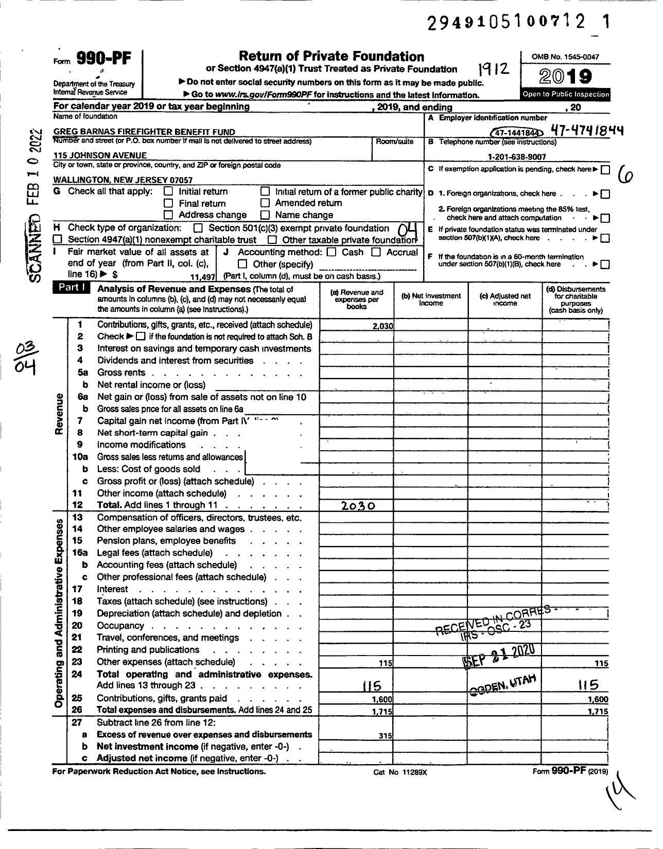 Image of first page of 2019 Form 990PF for Greg Barnas Firefighter Benefit Fund