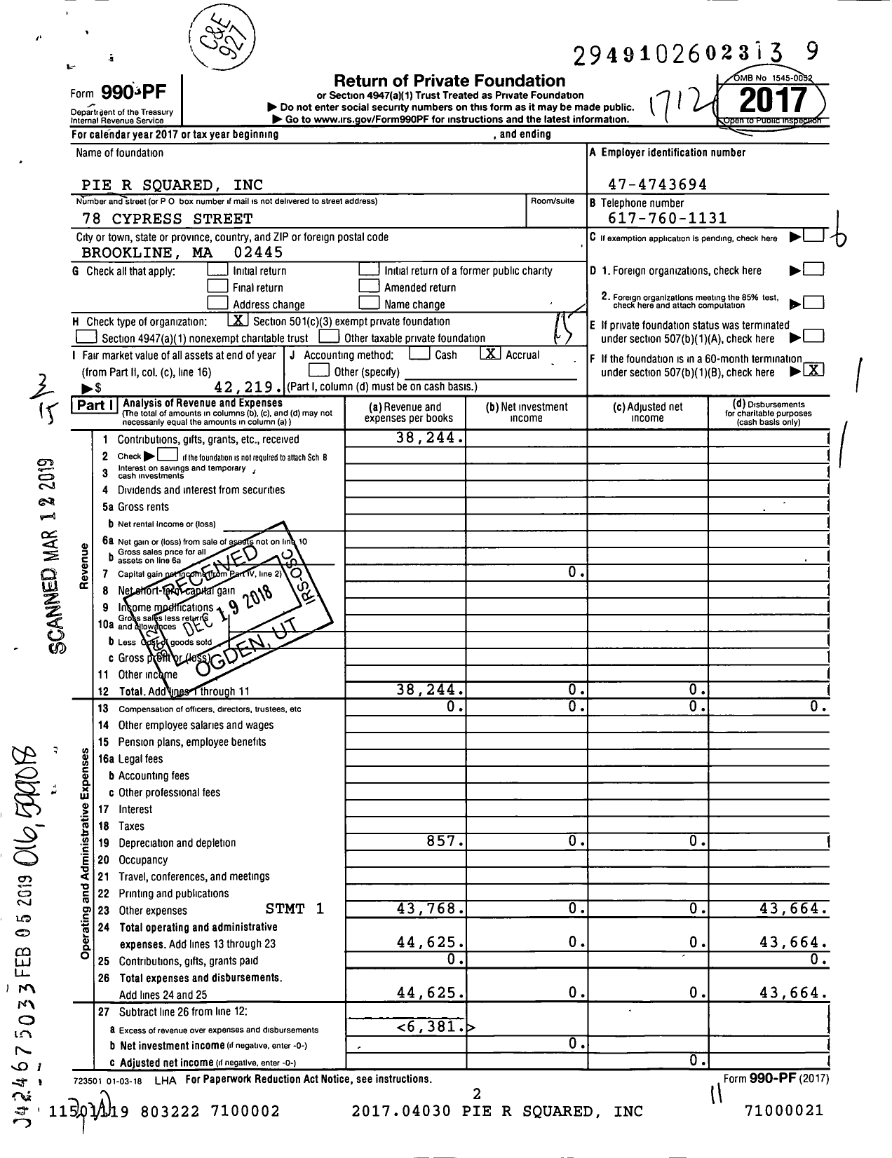 Image of first page of 2017 Form 990PF for Pie R Squared