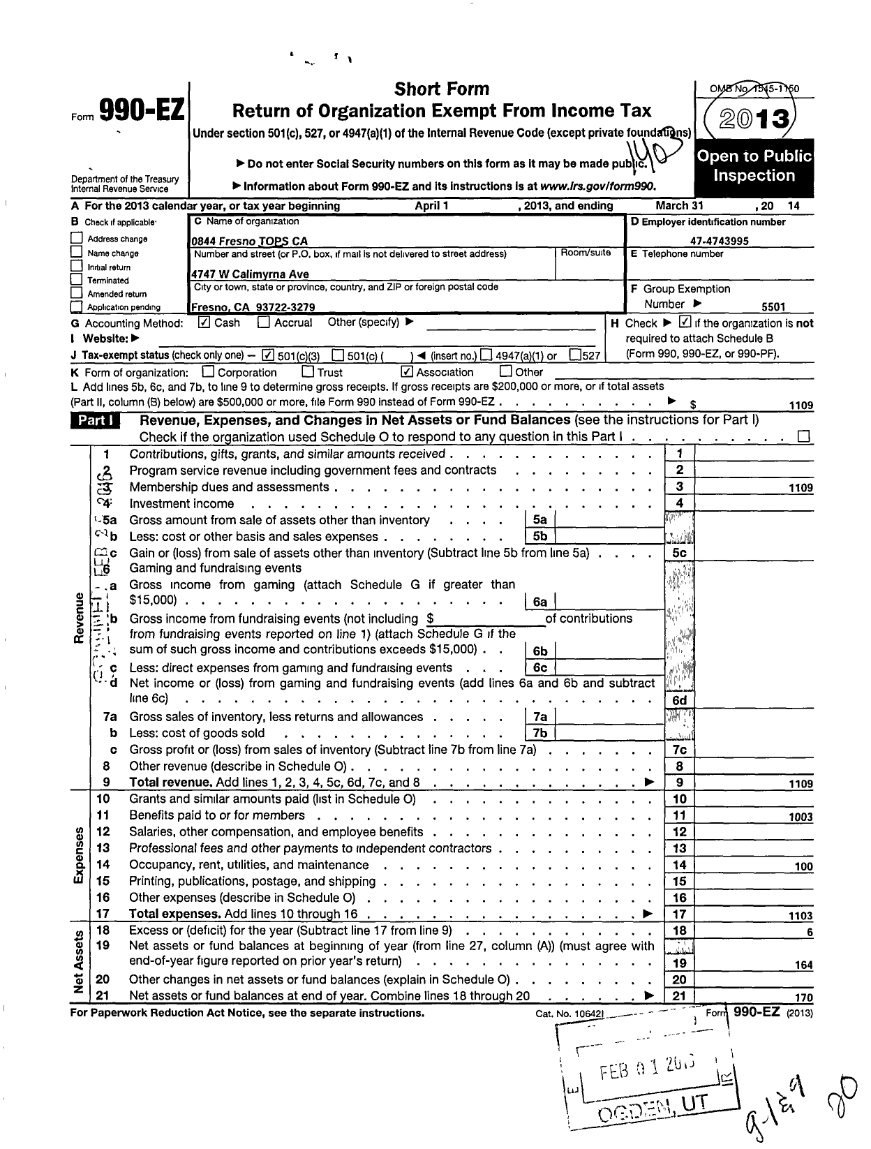 Image of first page of 2013 Form 990EZ for Tops Club - 0844 Fresno Tops Ca