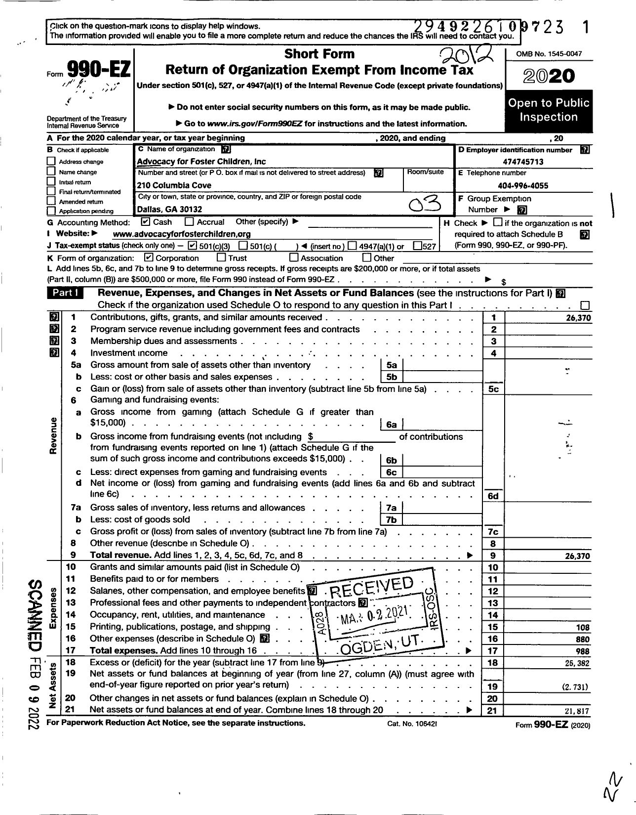 Image of first page of 2020 Form 990EZ for Advocacy For Foster Children