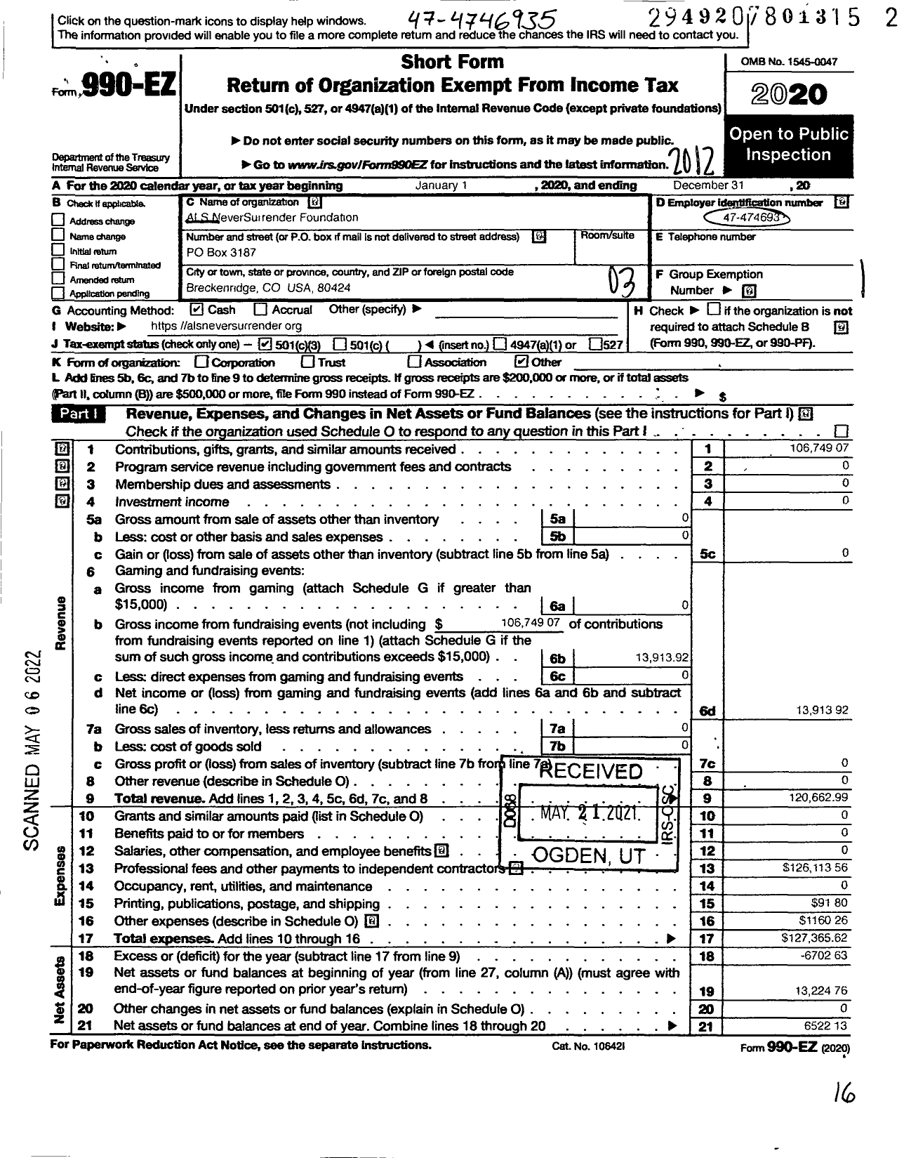 Image of first page of 2020 Form 990EZ for Als Neversurrender Foundation