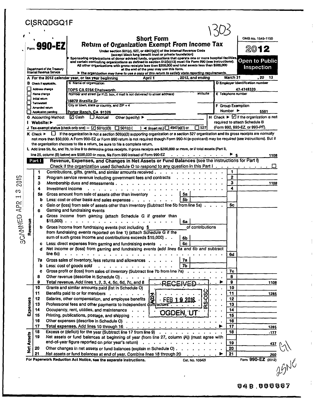 Image of first page of 2012 Form 990EZ for Tops Club - 0764 Chatsworth Tops Ca