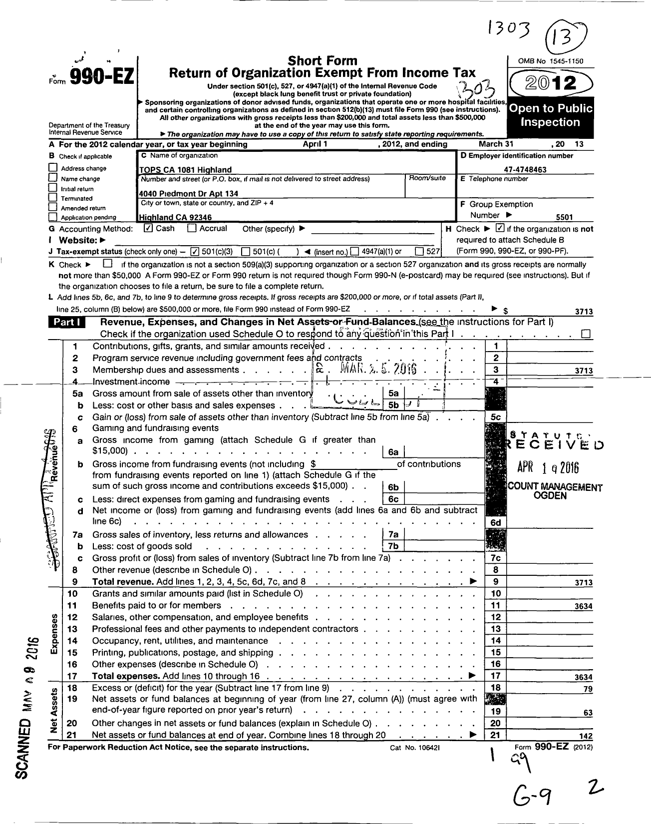 Image of first page of 2012 Form 990EZ for Tops Club - 1081 Highland Tops Ca