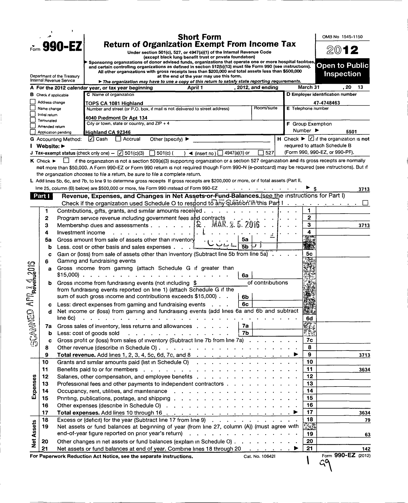 Image of first page of 2012 Form 990EZ for Tops Club - 1081 Highland Tops Ca