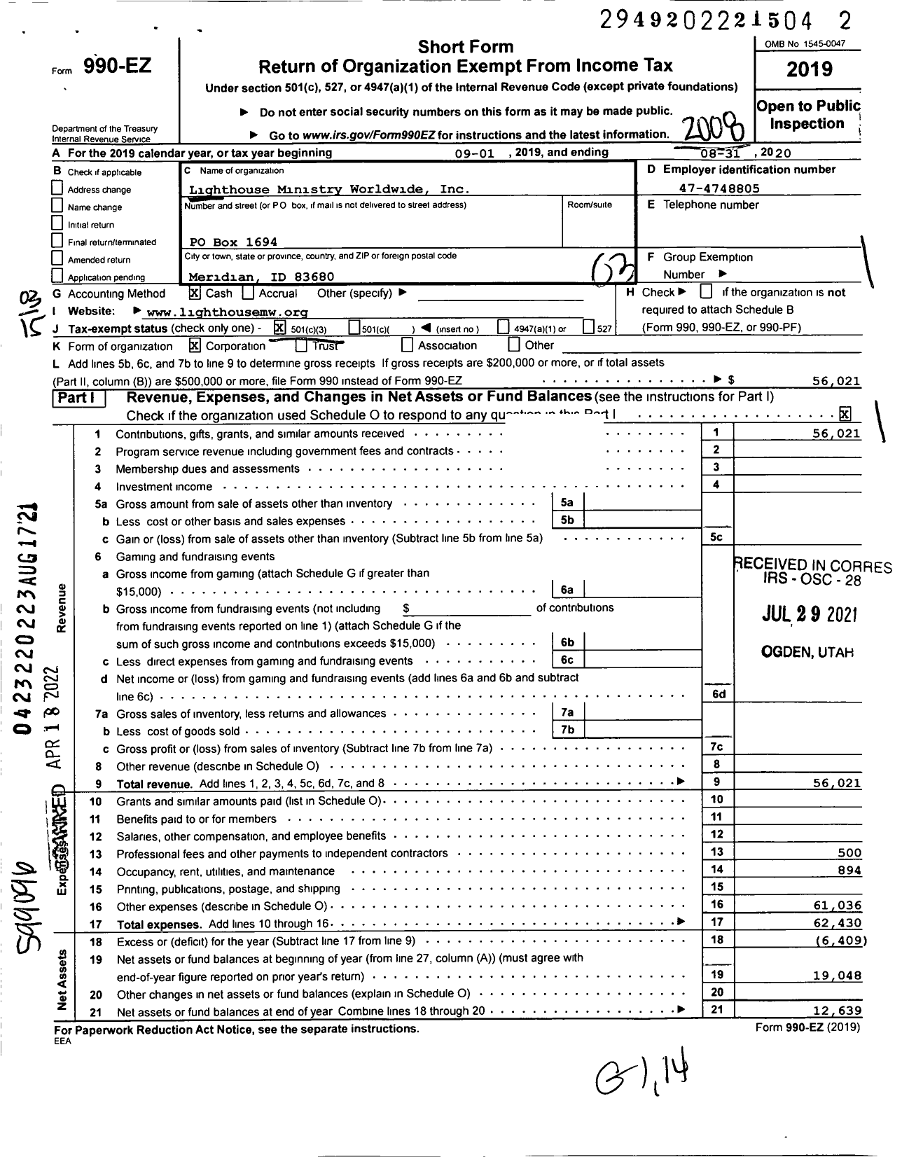 Image of first page of 2019 Form 990EZ for Lighthouse Ministry Worldwide