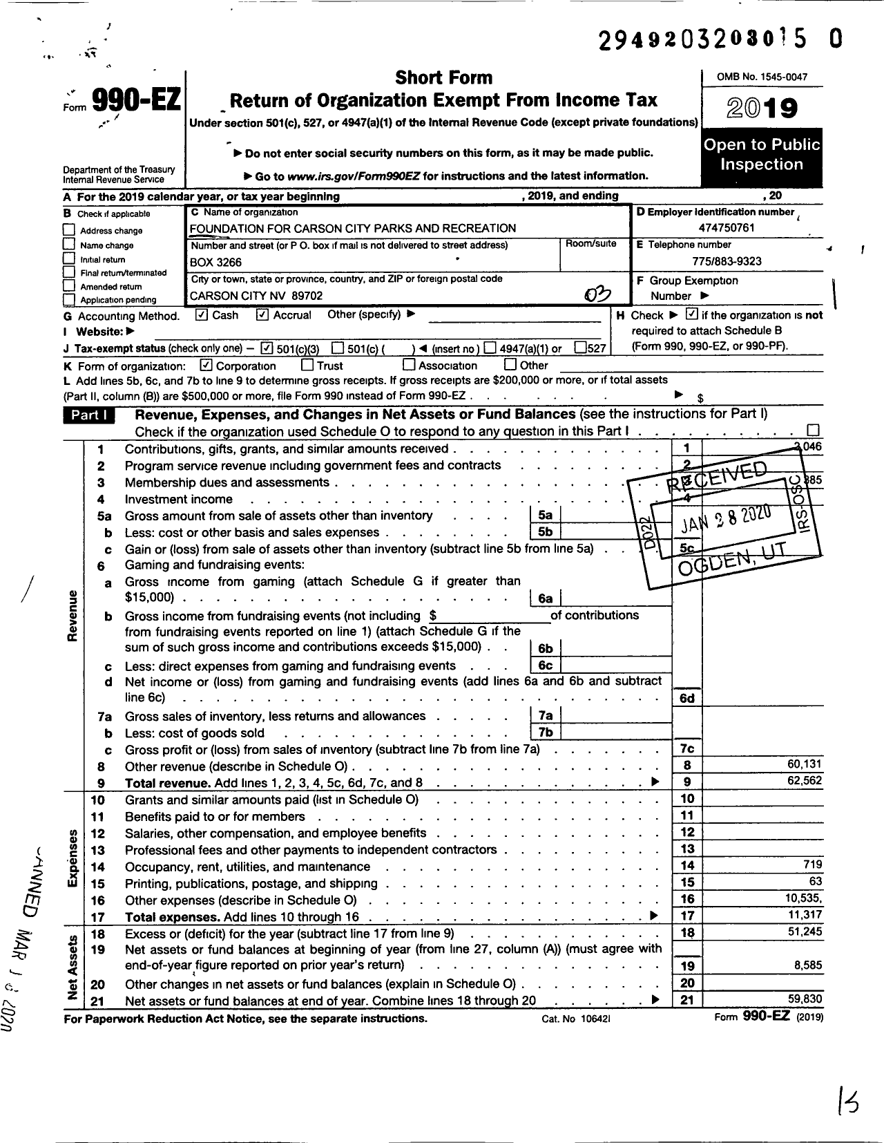 Image of first page of 2019 Form 990EZ for Foundation for the Carson City Parks and Recreation