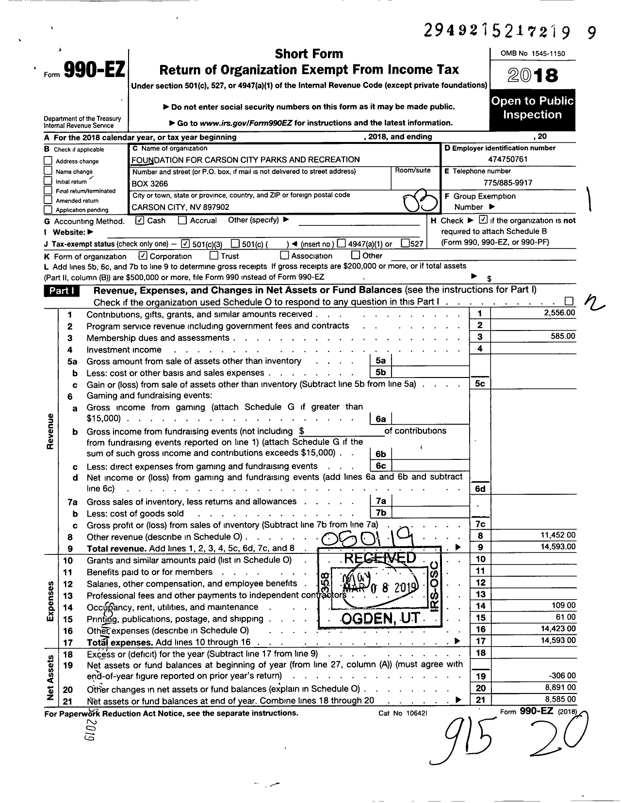 Image of first page of 2018 Form 990EZ for Foundation for the Carson City Parks and Recreation