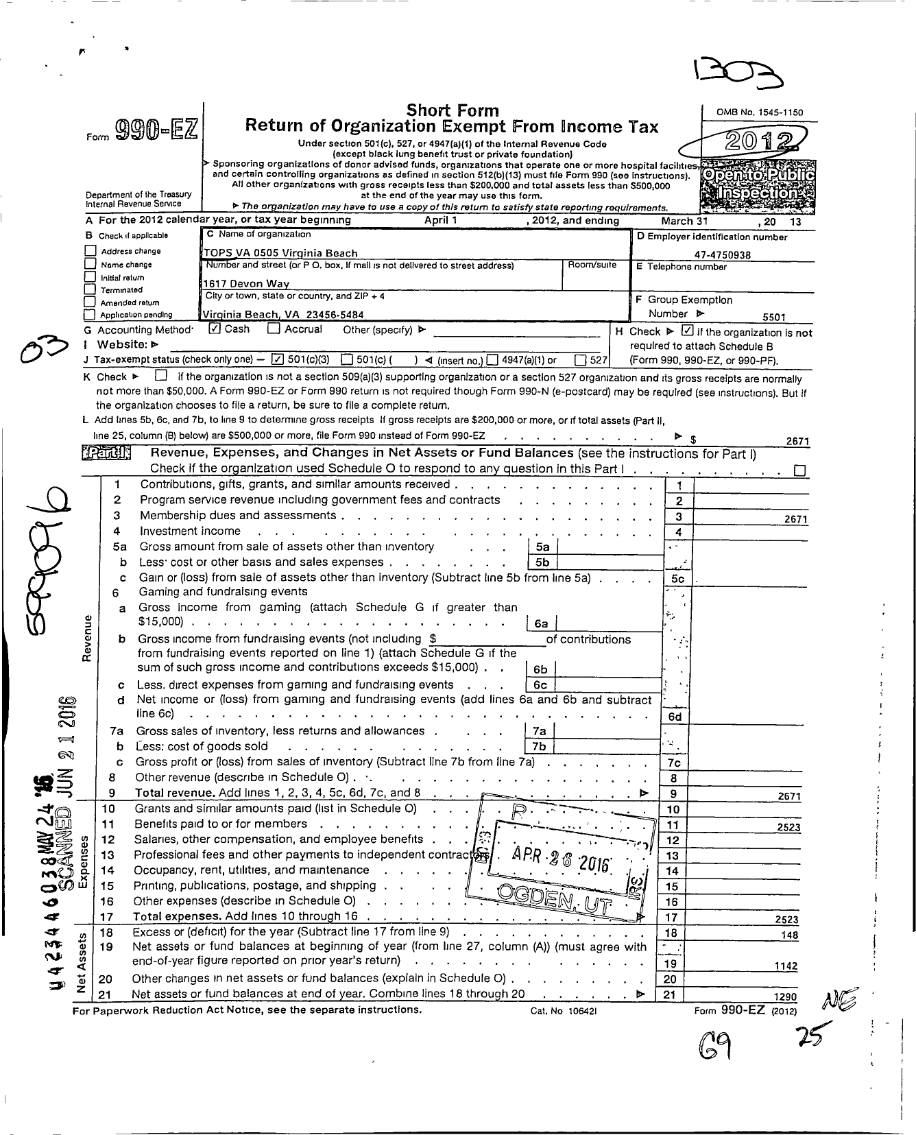 Image of first page of 2012 Form 990EZ for Tops Club - 0505 Va Beach Tops Va