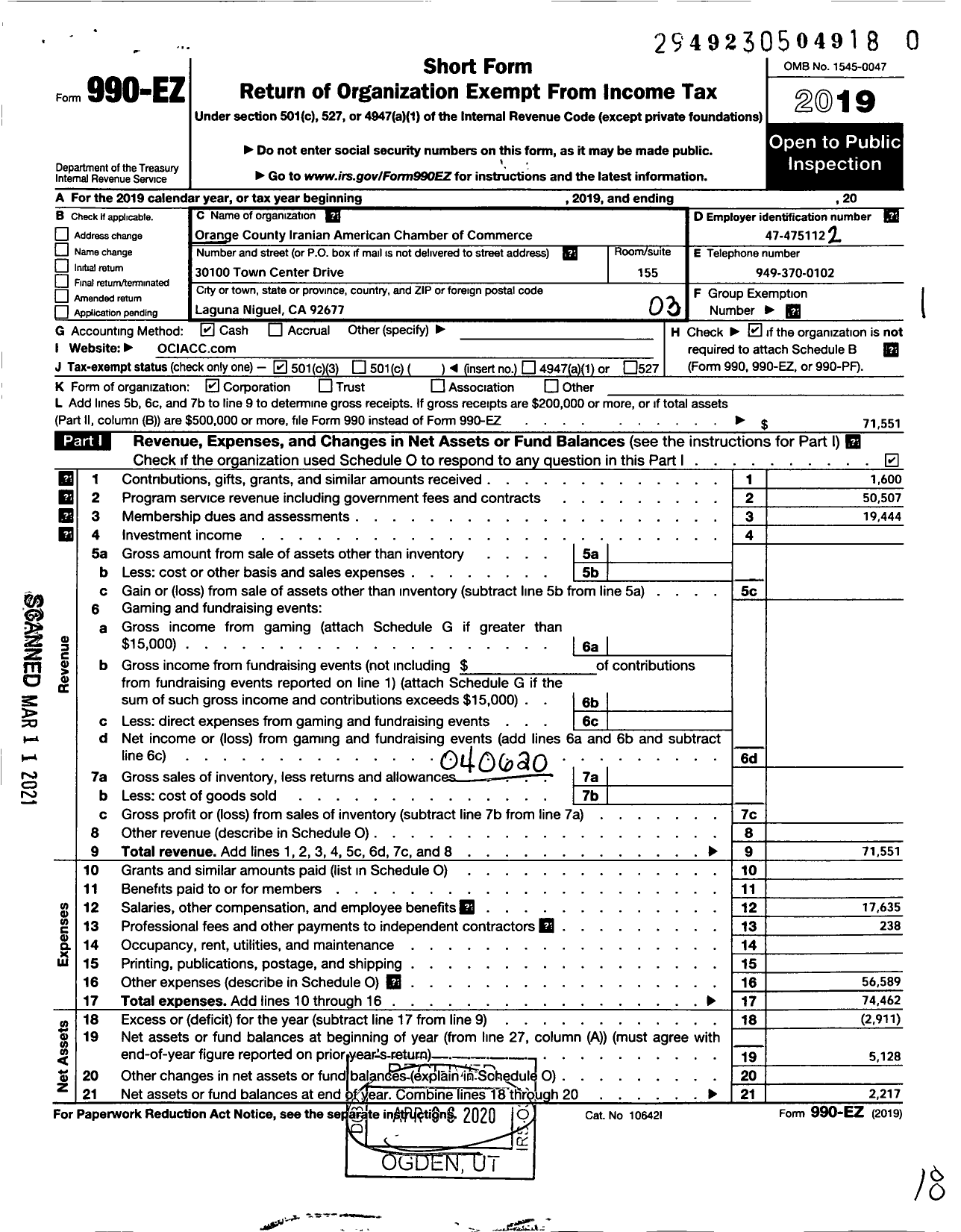 Image of first page of 2019 Form 990EZ for Orange County Iranian American Chamber of Commerce (OCIACC)