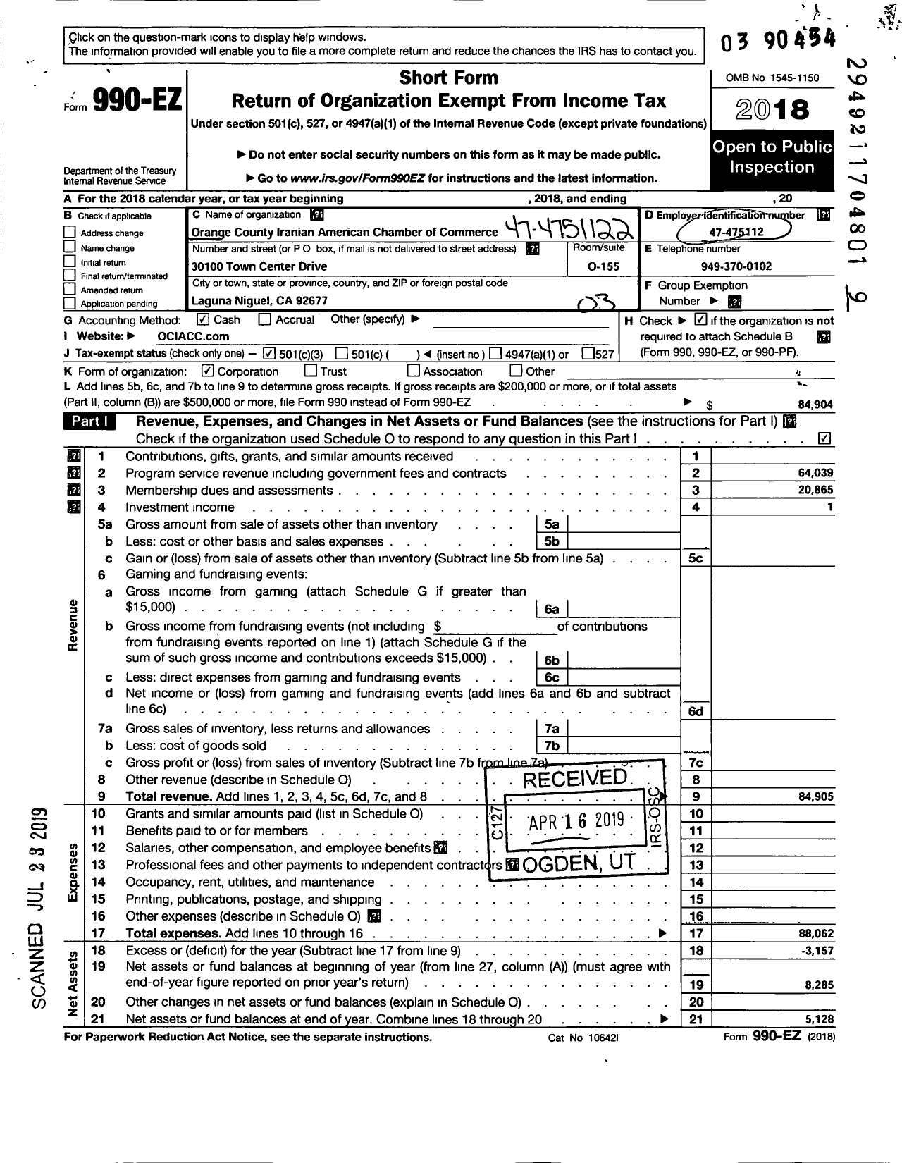 Image of first page of 2018 Form 990EZ for Orange County Iranian American Chamber of Commerce (OCIACC)