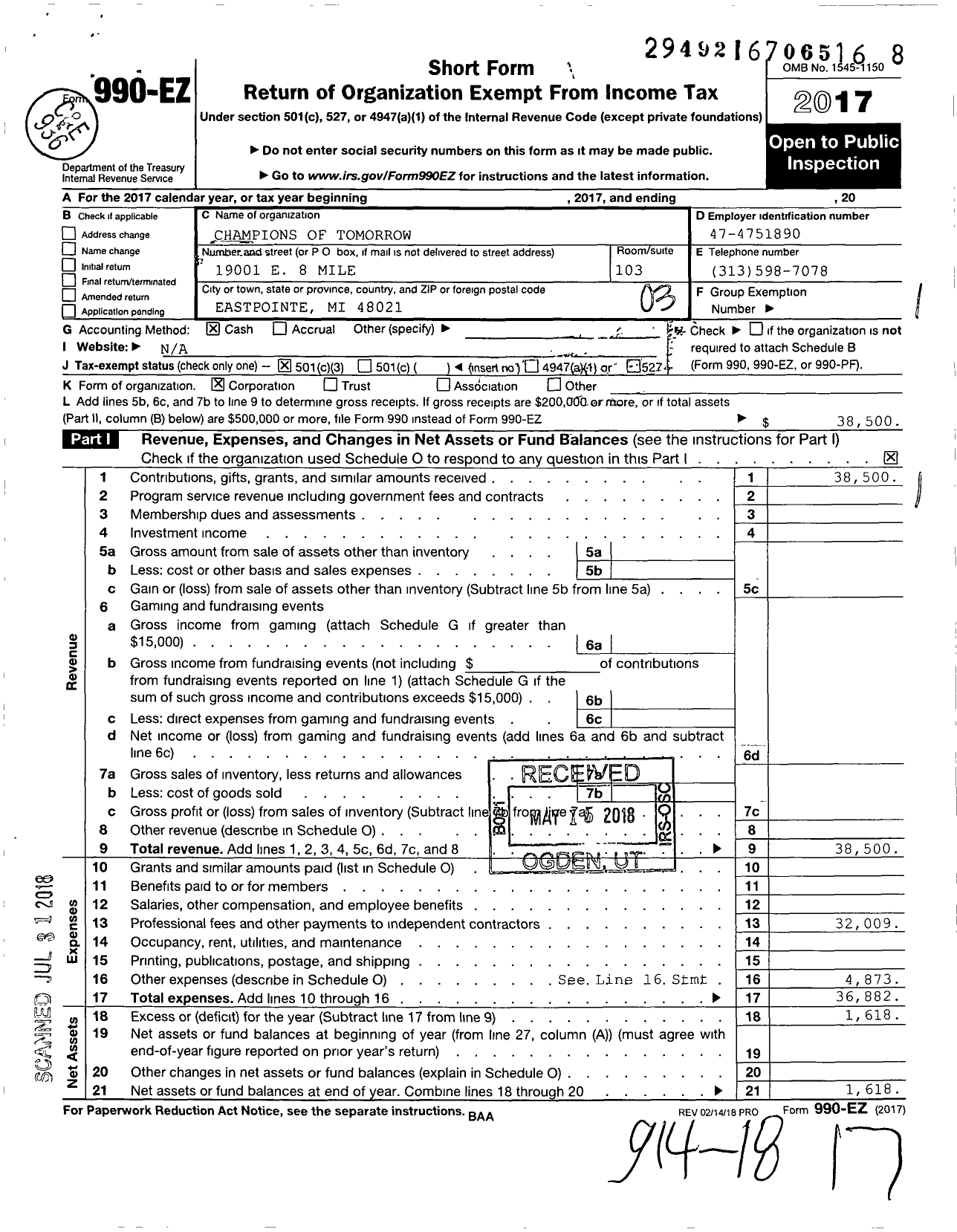 Image of first page of 2017 Form 990EZ for Champions of Tomorrow