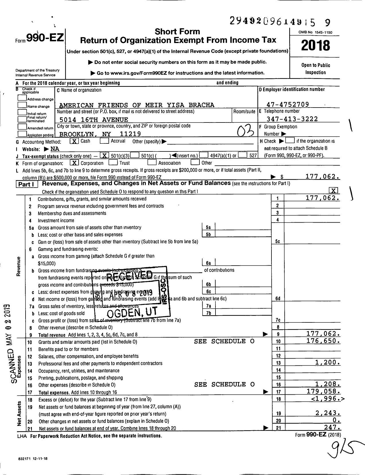 Image of first page of 2018 Form 990EZ for American Friends of Meir Yisa Bracha