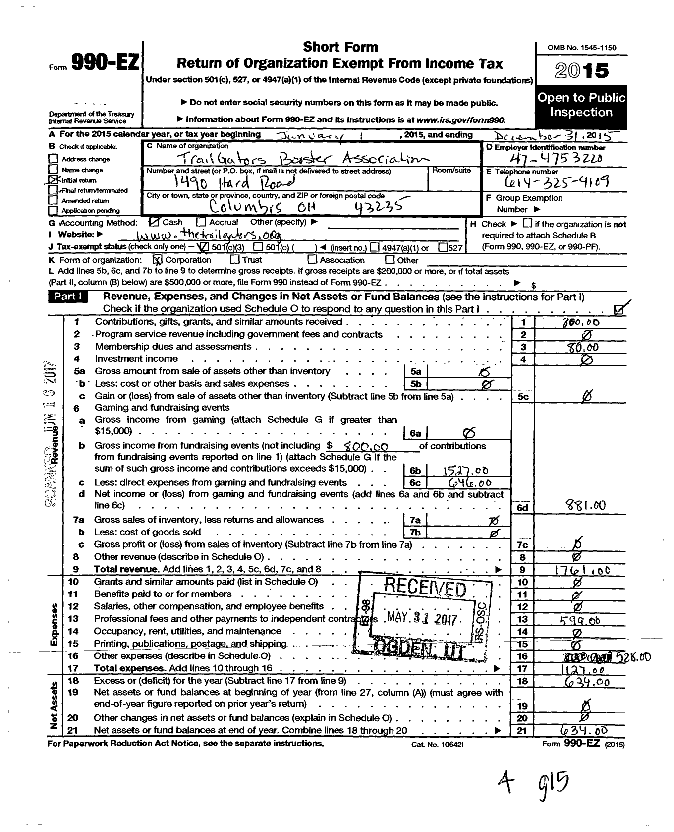 Image of first page of 2015 Form 990EZ for Trailgators Booster Association