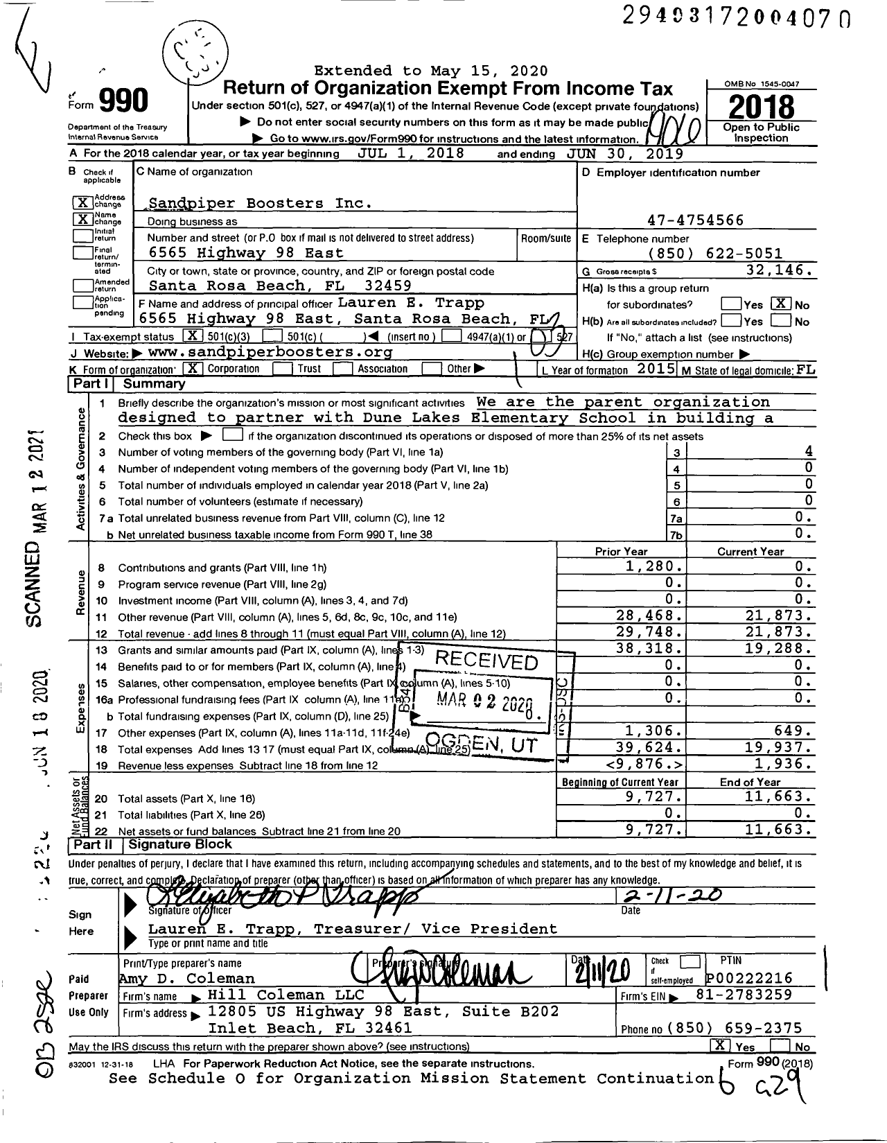 Image of first page of 2018 Form 990 for Sandpiper Boosters