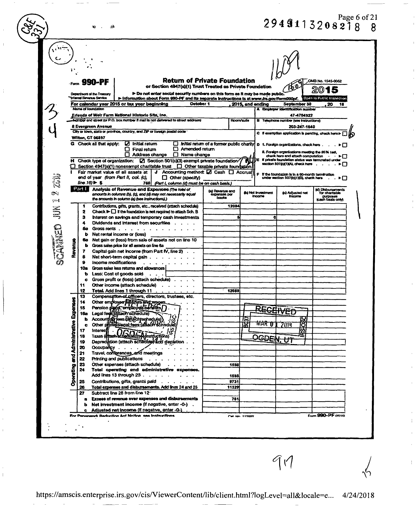 Image of first page of 2015 Form 990PF for Friends of Weir Farm National Historical Park