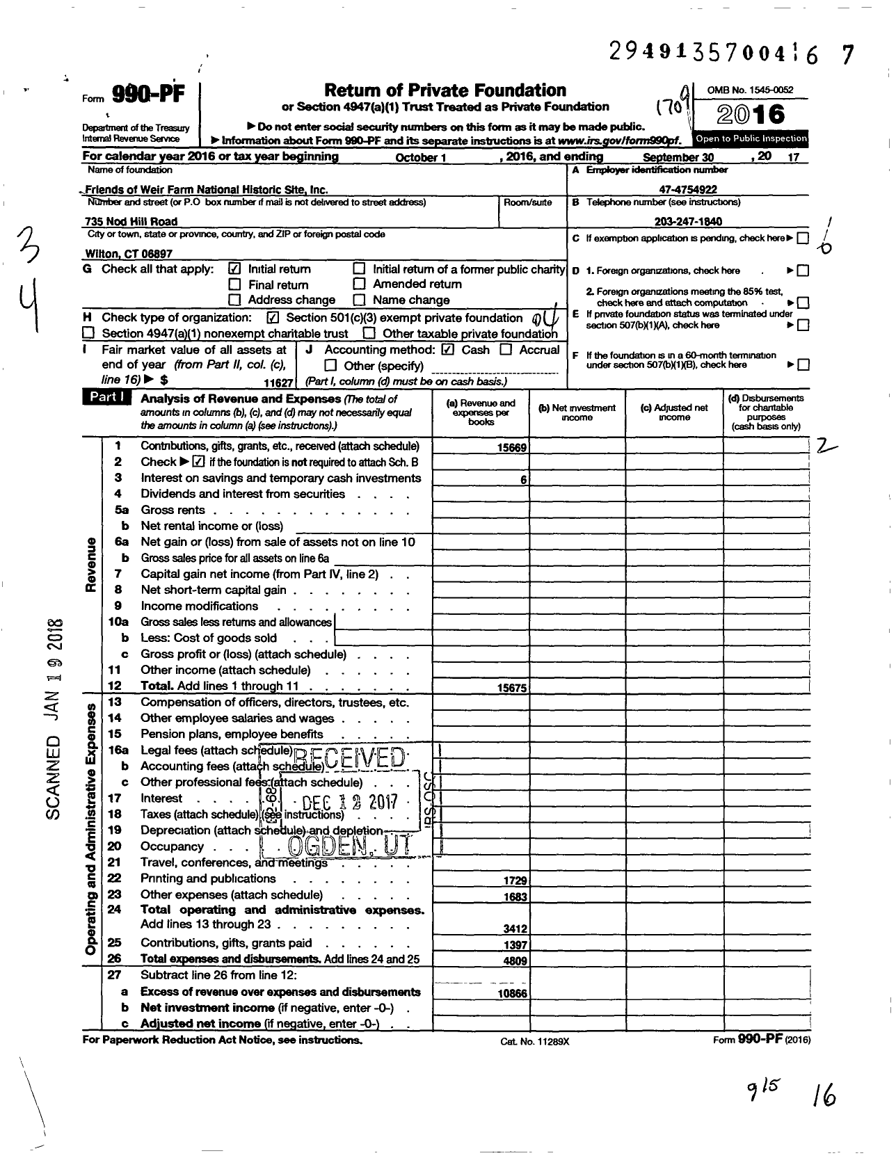 Image of first page of 2016 Form 990PF for Friends of Weir Farm National Historical Park