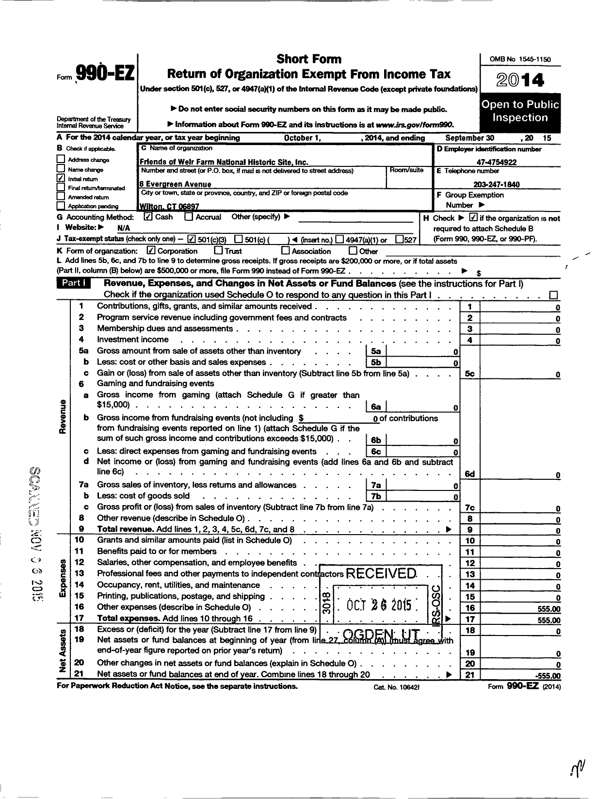 Image of first page of 2014 Form 990EZ for Friends of Weir Farm National Historical Park