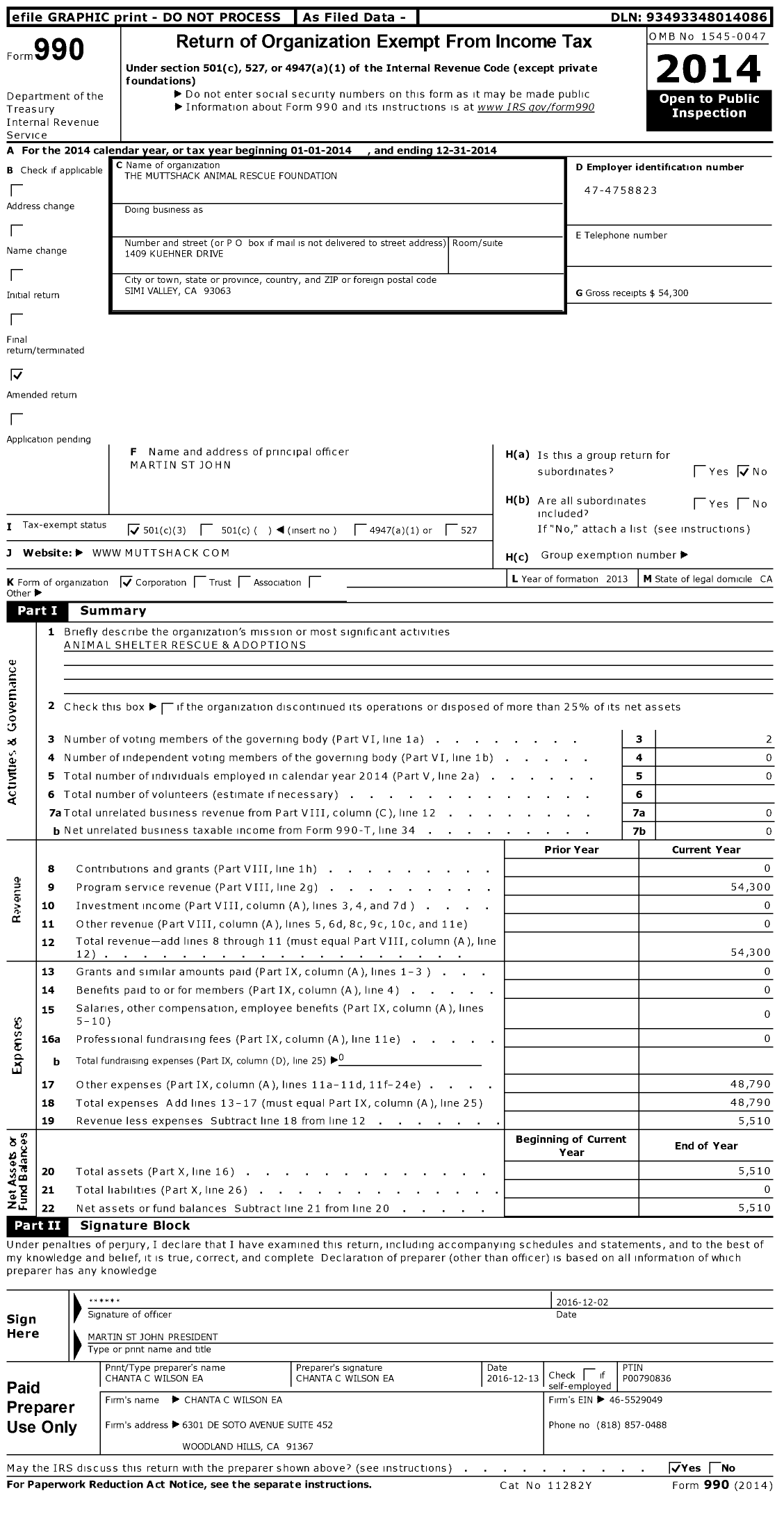 Image of first page of 2014 Form 990 for The Muttshack Animal Rescue Foundation