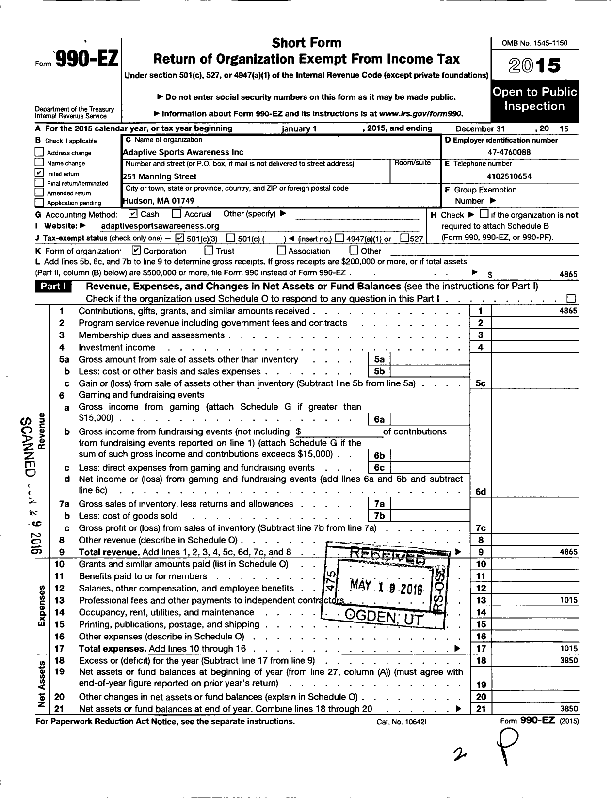 Image of first page of 2015 Form 990EZ for Adaptive Sports Awareness