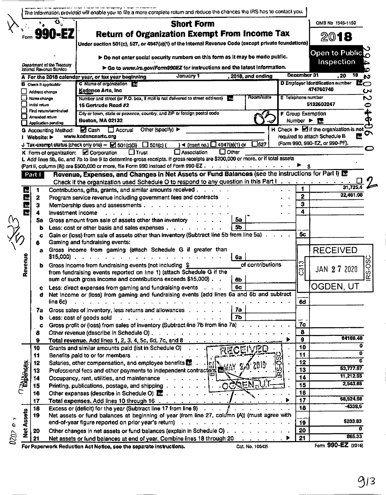 Image of first page of 2018 Form 990EZ for Kadence Arts