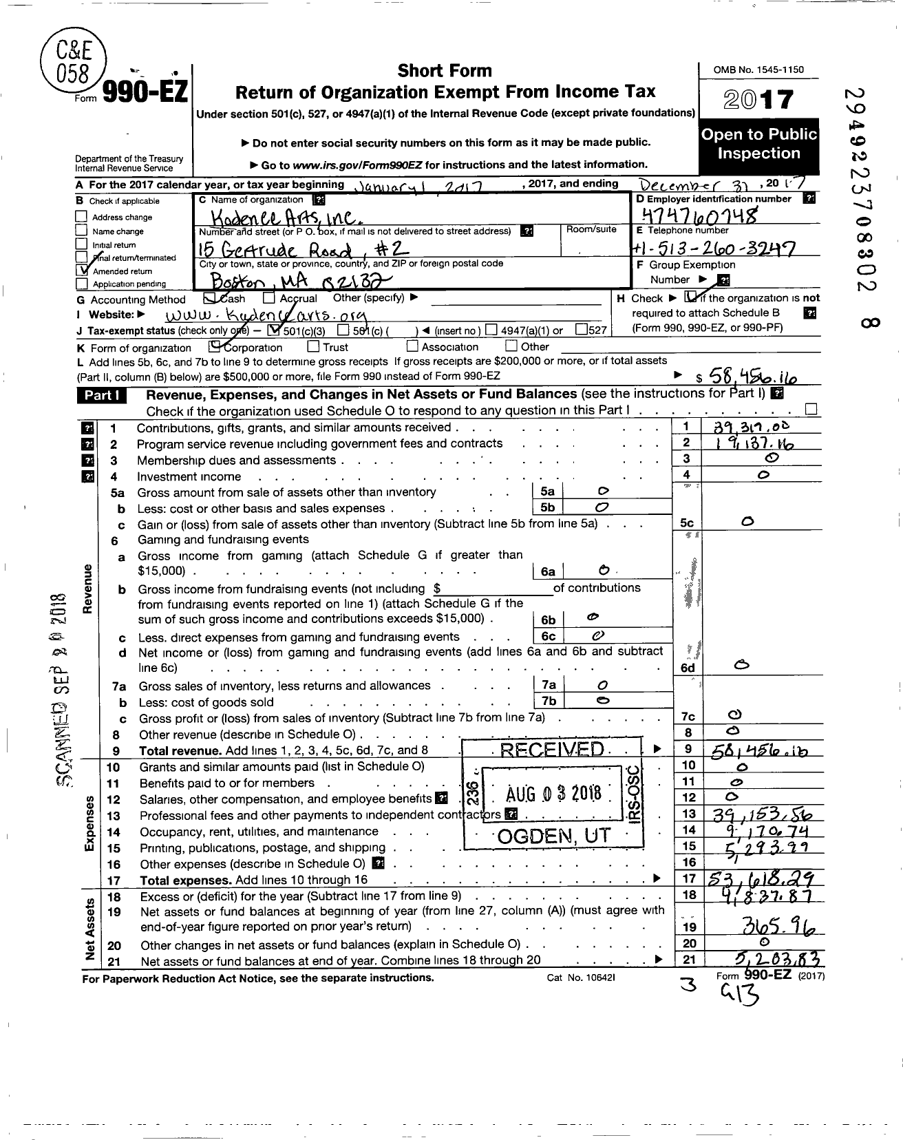 Image of first page of 2017 Form 990EZ for Kadence Arts