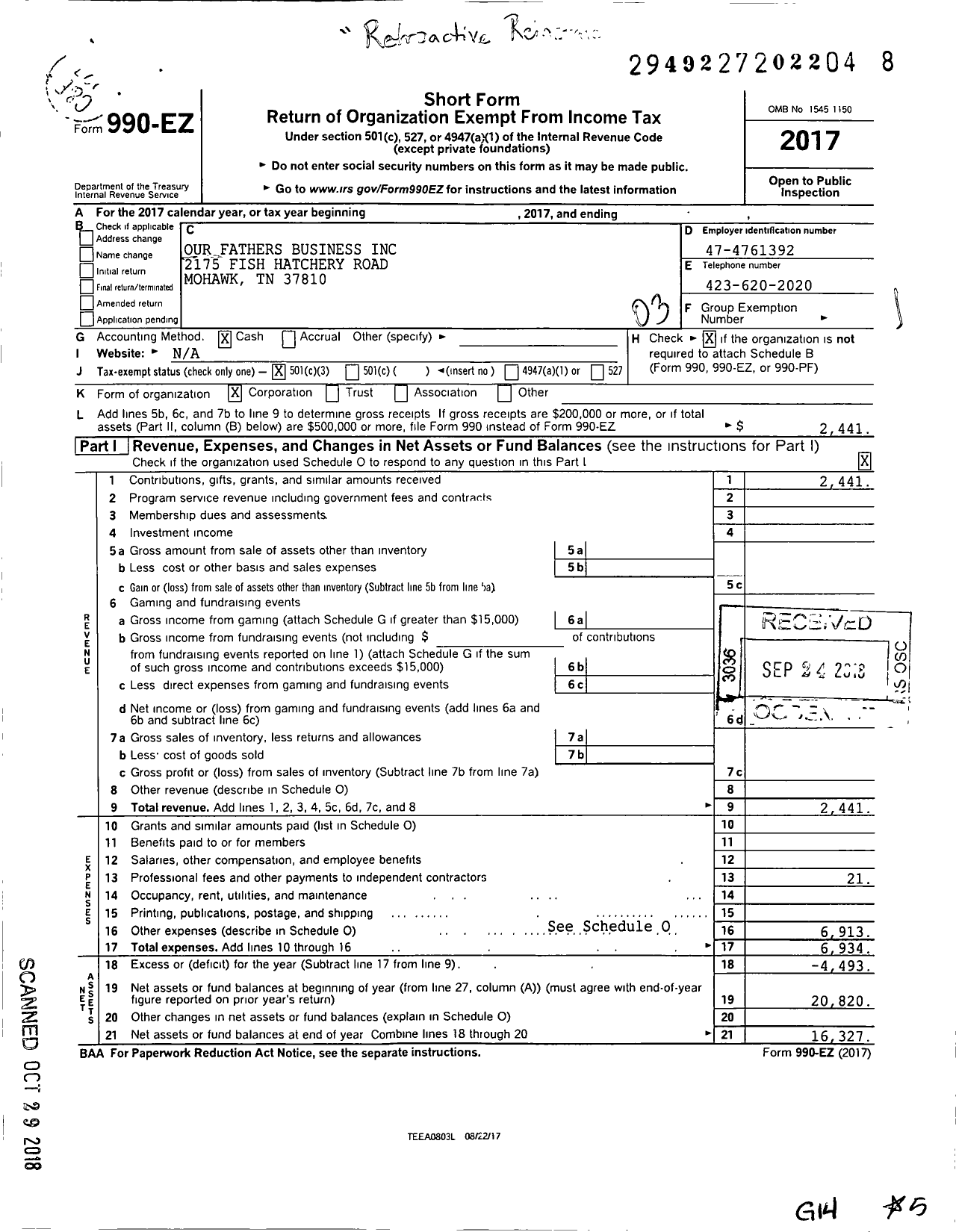 Image of first page of 2017 Form 990EZ for Our Fathers Business