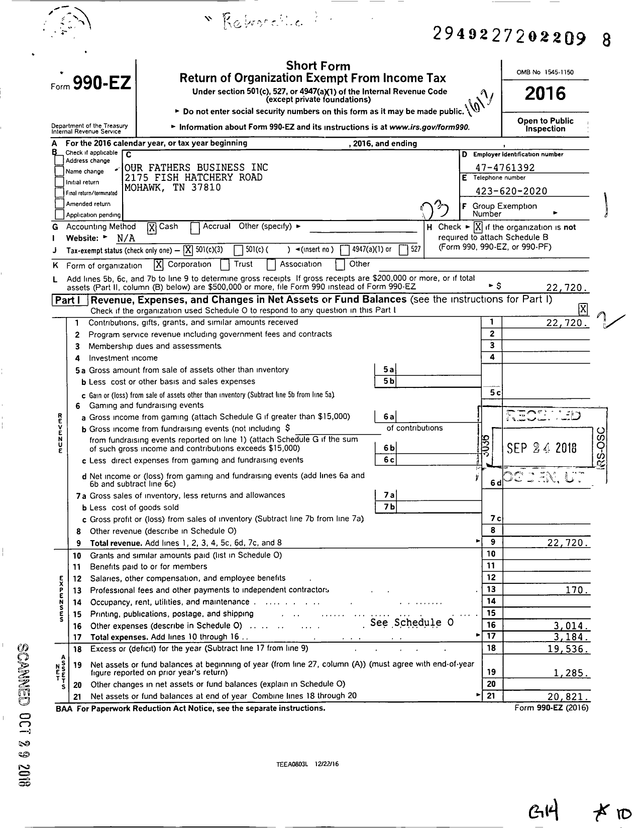 Image of first page of 2016 Form 990EZ for Our Fathers Business