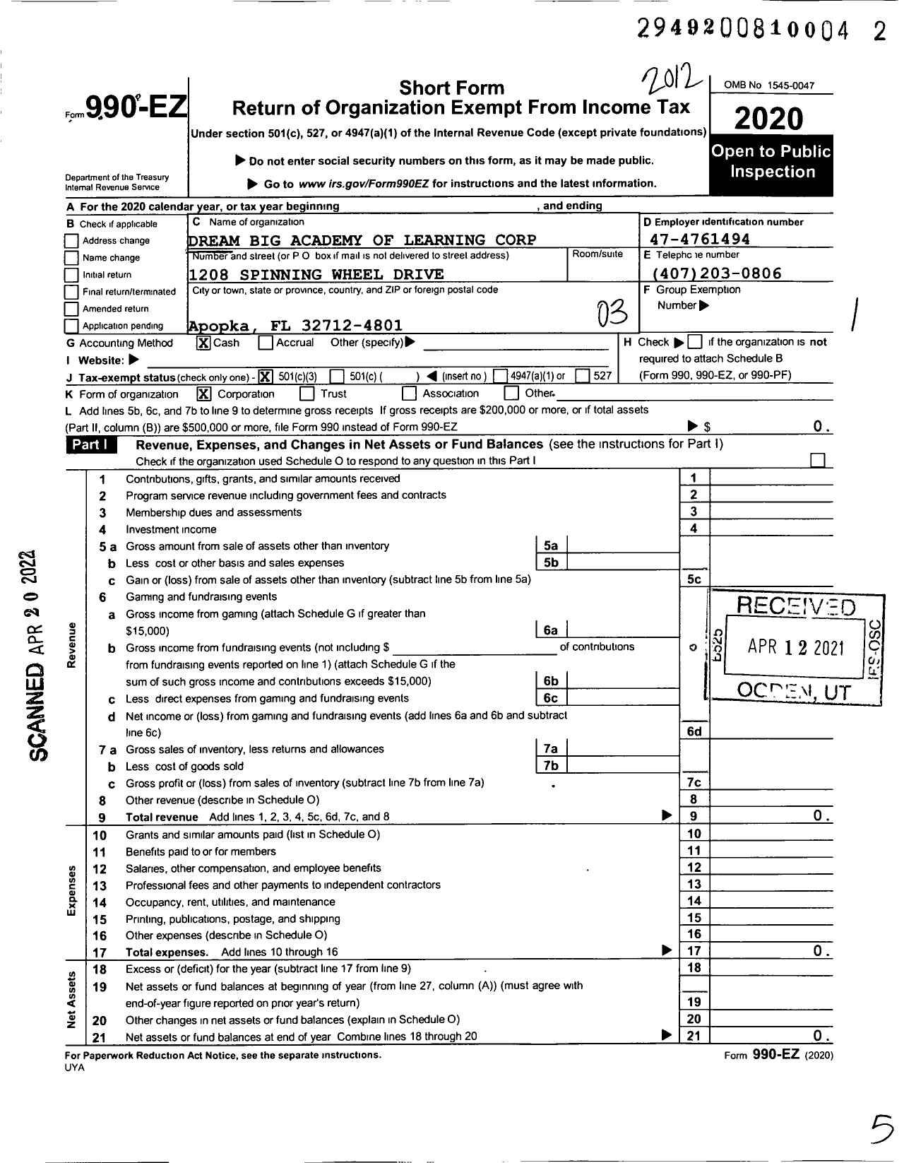 Image of first page of 2020 Form 990EZ for Dream Big Academy of Learning