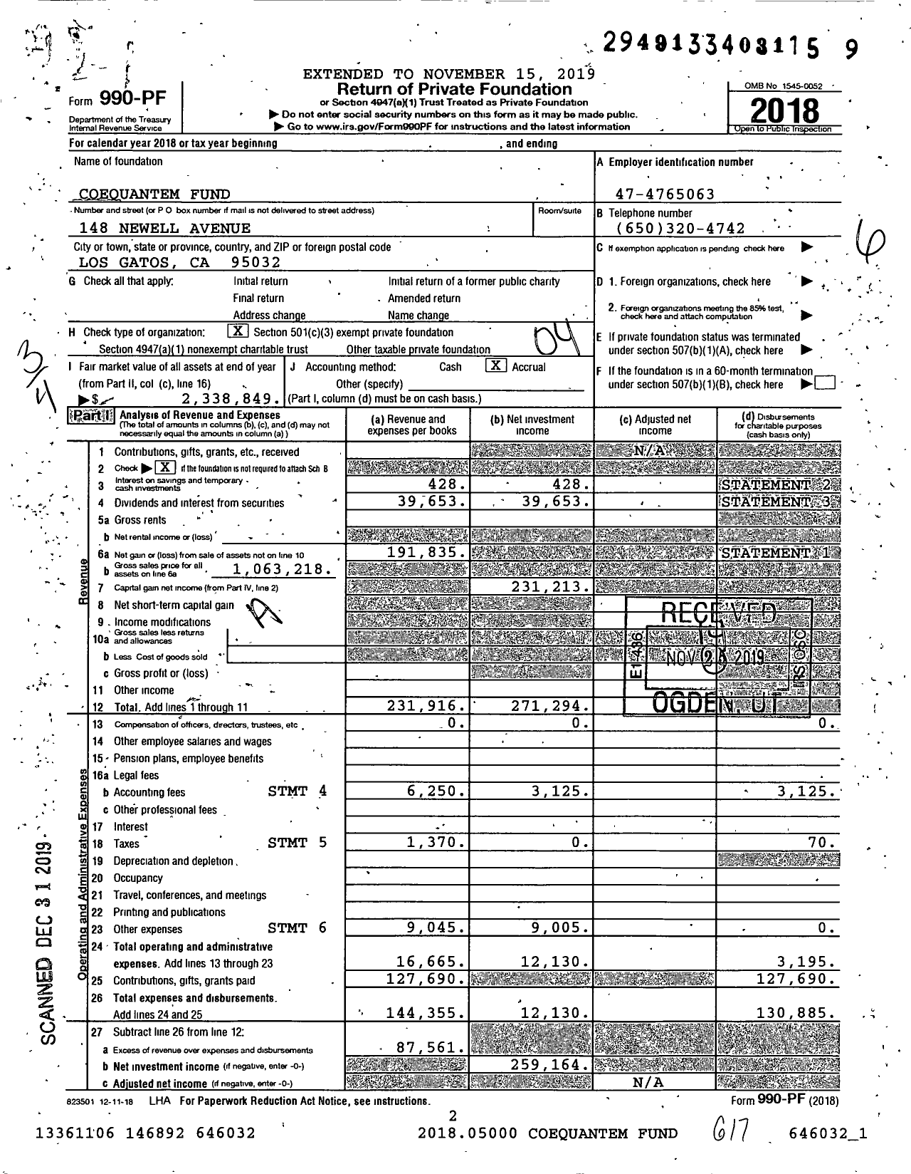 Image of first page of 2018 Form 990PF for Coequantem Fund