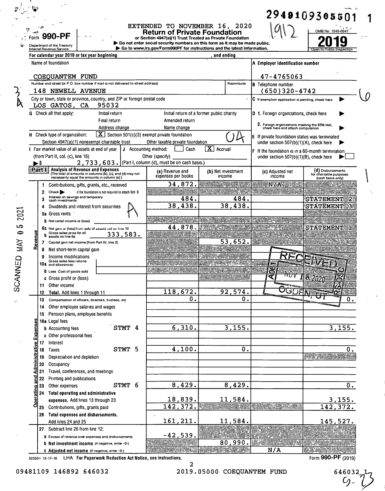 Image of first page of 2019 Form 990PF for Coequantem Fund