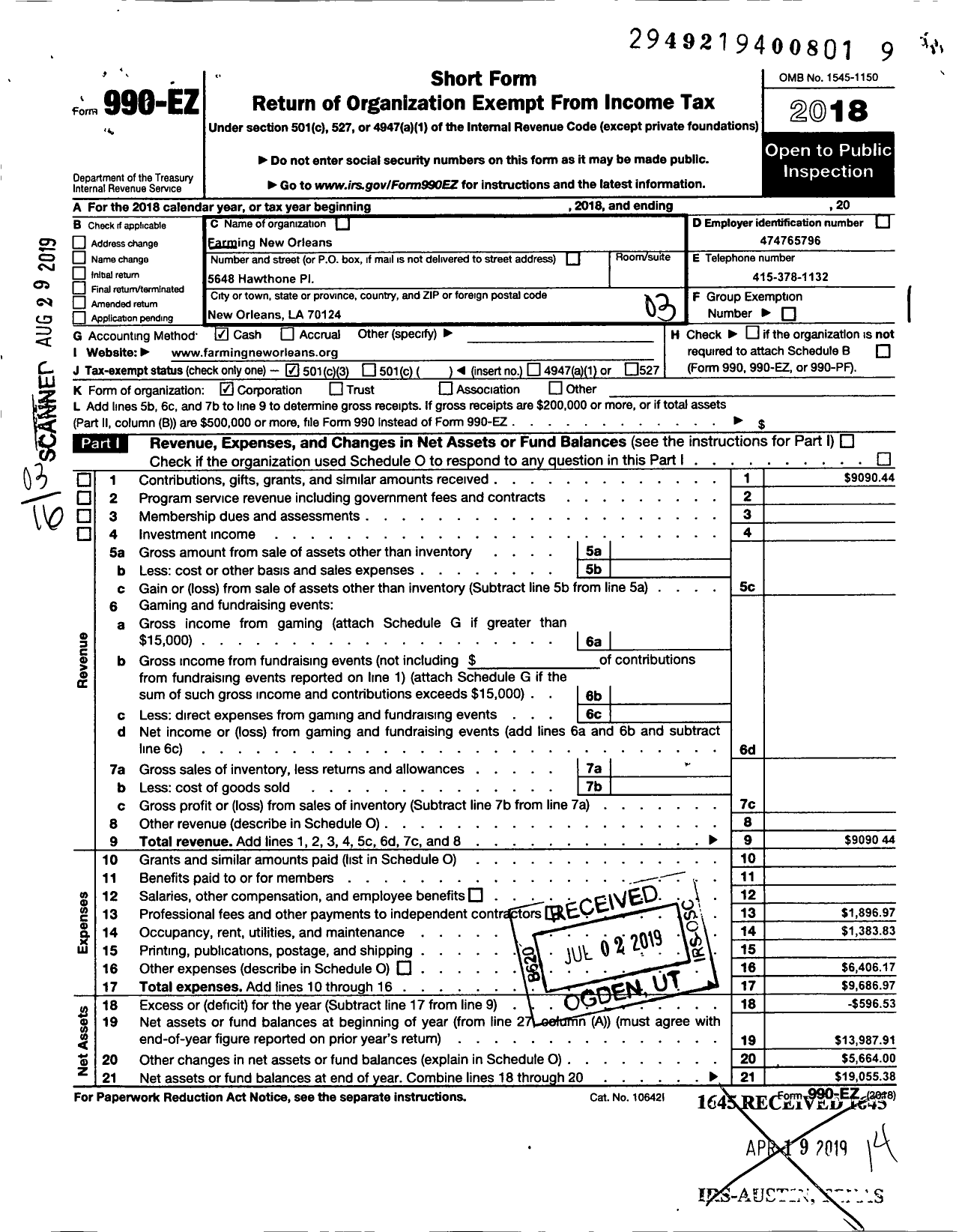 Image of first page of 2018 Form 990EZ for Farming New Orleans