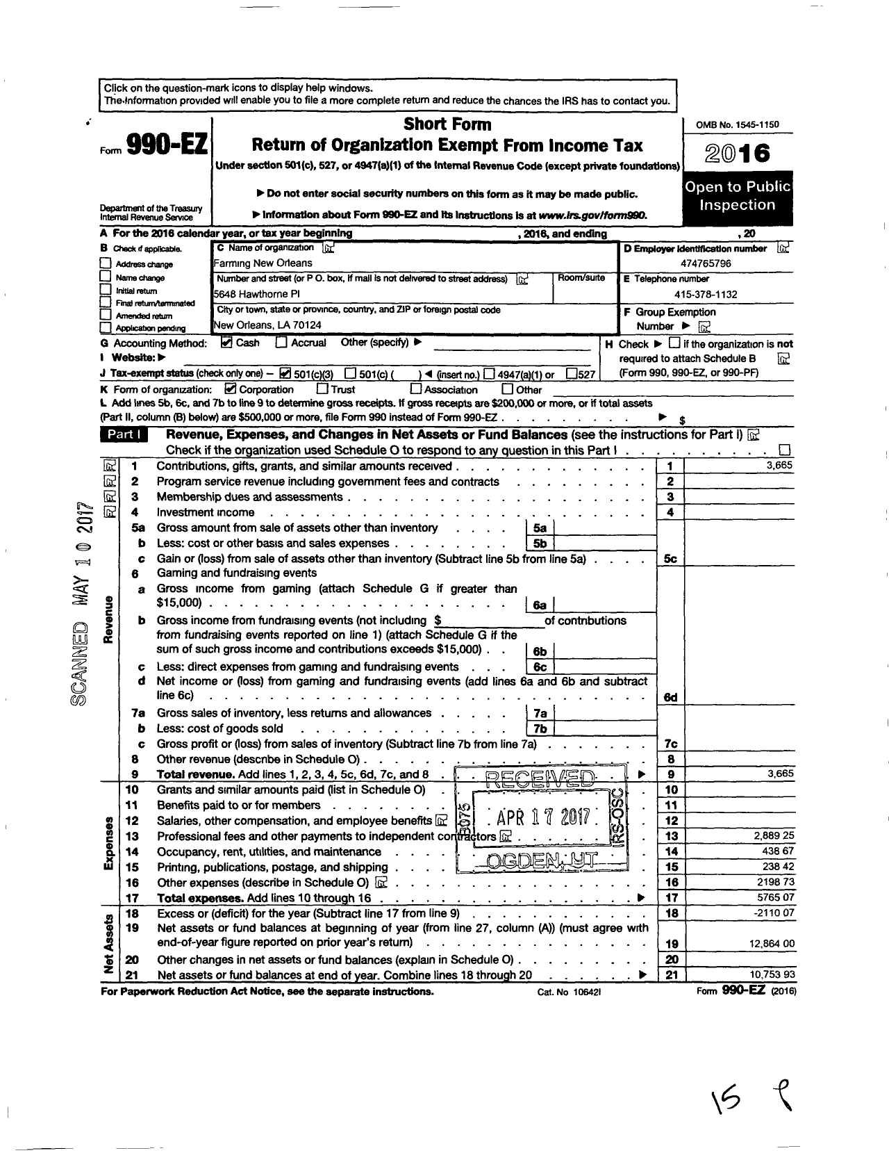 Image of first page of 2016 Form 990EZ for Farming New Orleans