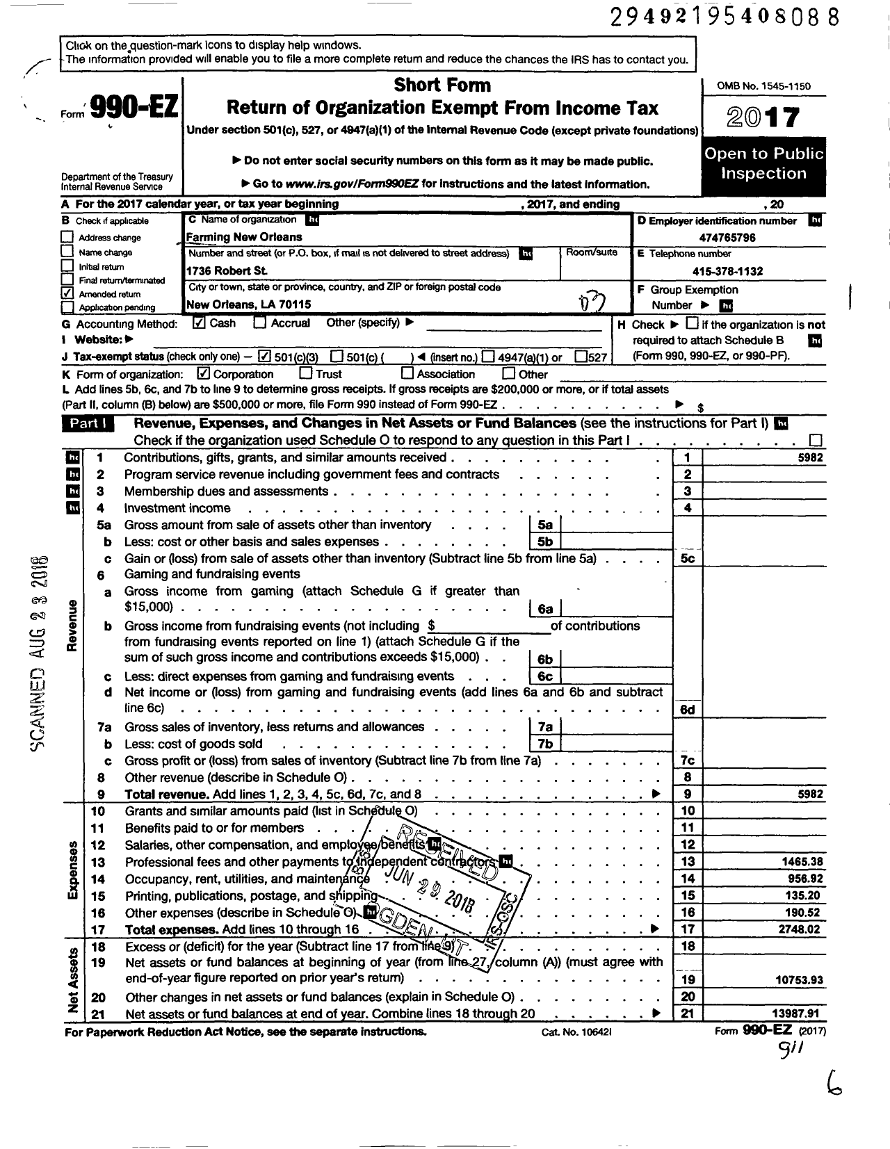 Image of first page of 2017 Form 990EZ for Farming New Orleans