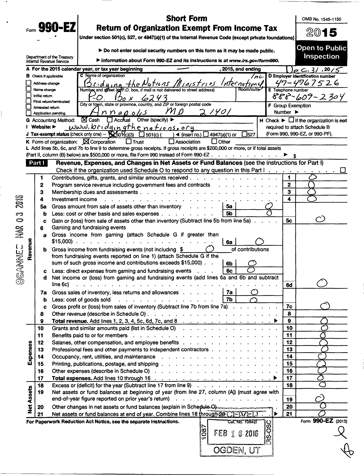 Image of first page of 2015 Form 990EZ for Bridging the Nations Ministries International