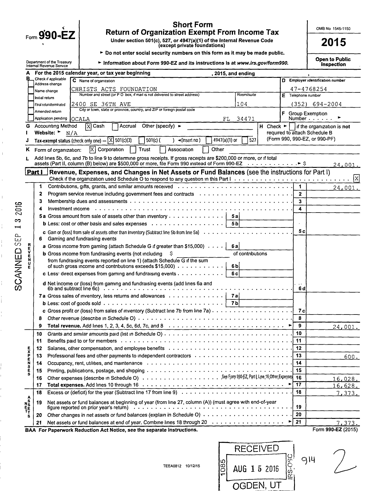 Image of first page of 2015 Form 990EZ for Christ Acts Foundation