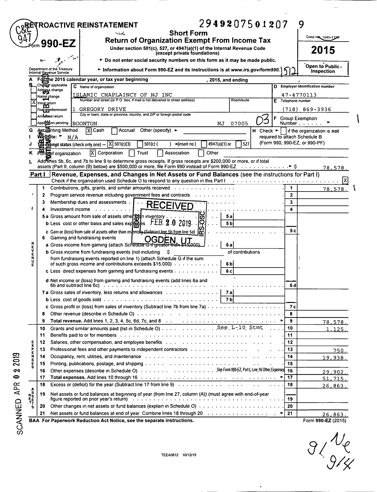 Image of first page of 2015 Form 990EZ for Islamic Chaplaincy of NJ