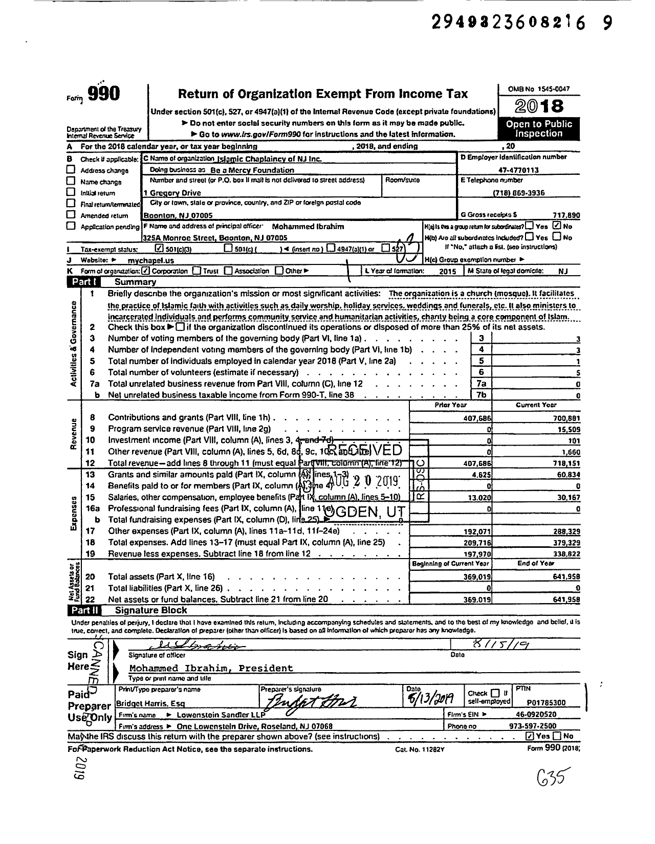 Image of first page of 2018 Form 990 for Islamic Chaplaincy of NJ