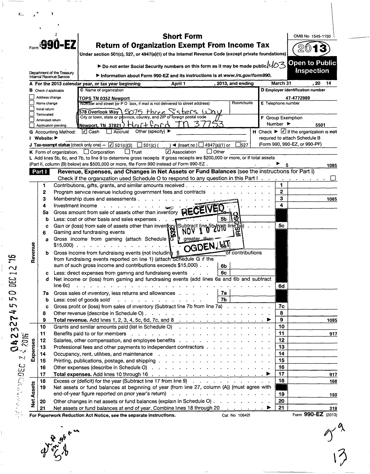 Image of first page of 2013 Form 990EZ for Tops Club - 0352 Newport Tops TN