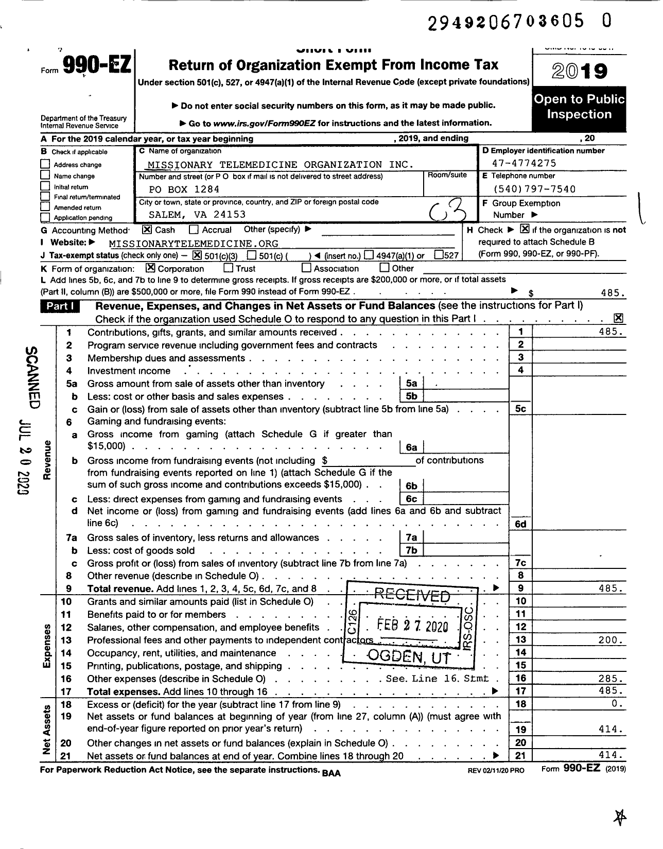 Image of first page of 2019 Form 990EZ for Missionary Telemedicine Organization