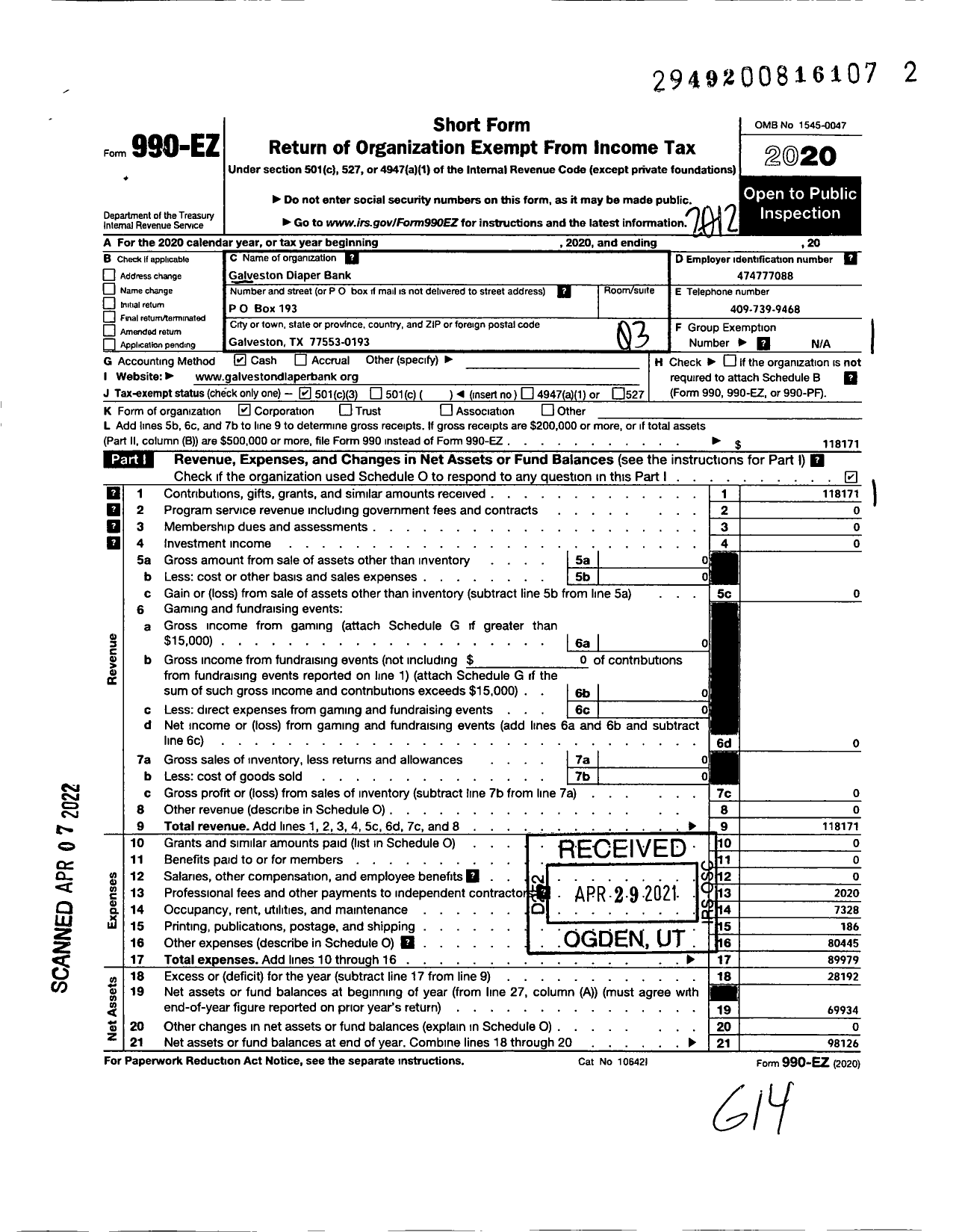 Image of first page of 2020 Form 990EZ for Galveston Diaper Bank