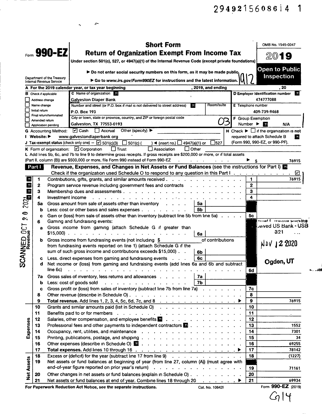 Image of first page of 2019 Form 990EZ for Galveston Diaper Bank