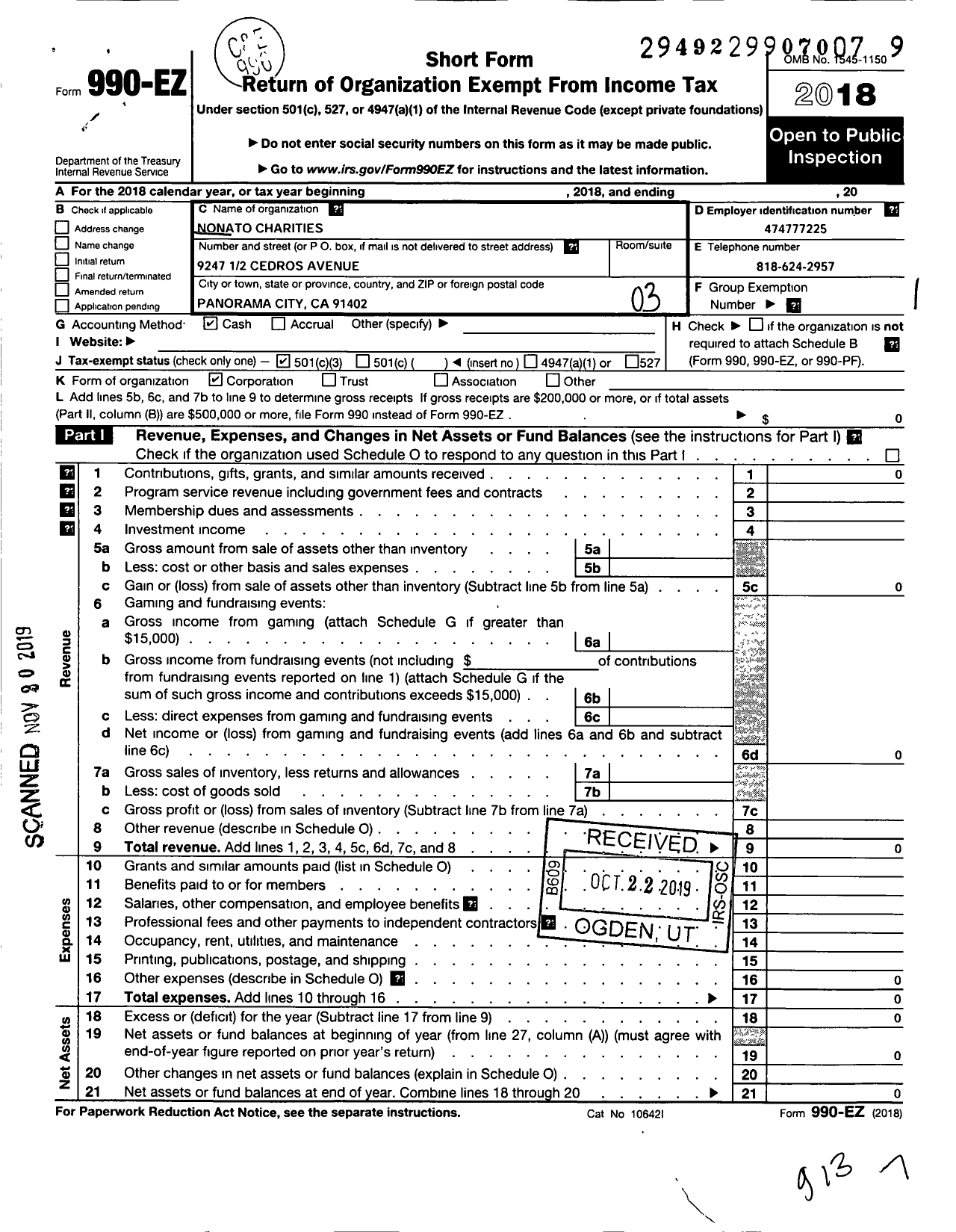 Image of first page of 2018 Form 990EZ for Nonato Charities