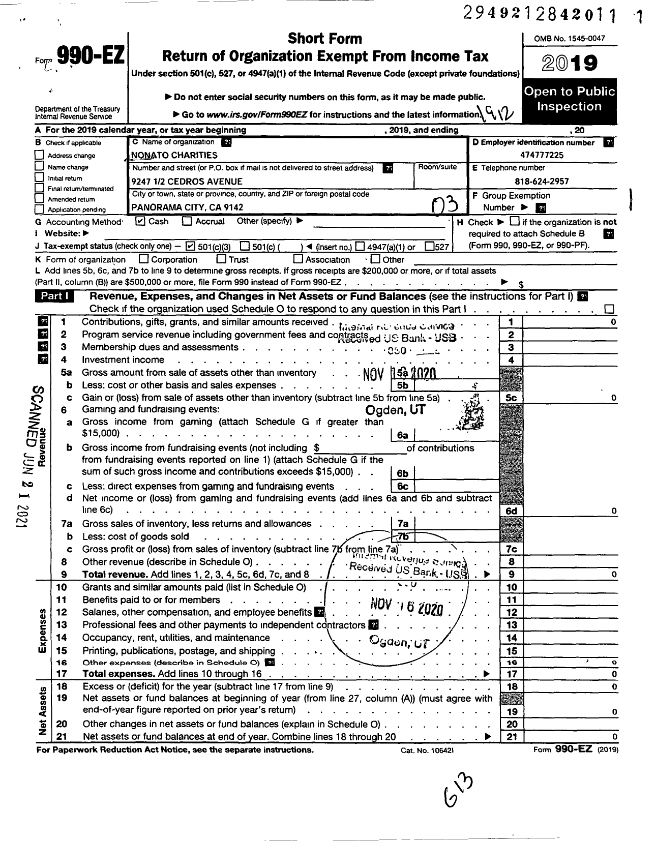 Image of first page of 2019 Form 990EZ for Nonato Charities