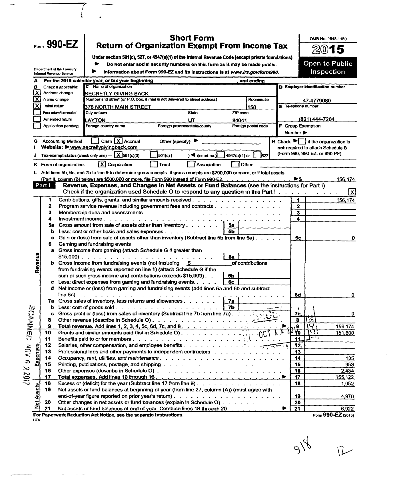 Image of first page of 2015 Form 990EZ for Secretly Giving Back