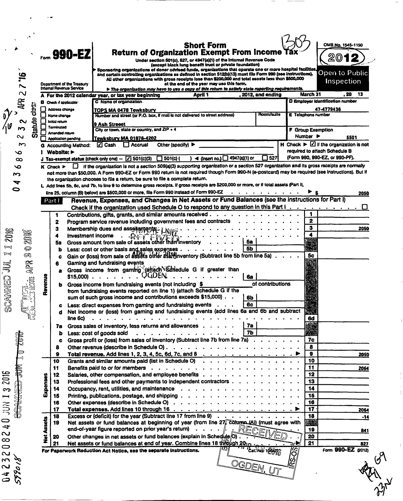 Image of first page of 2012 Form 990EZ for Tops Club