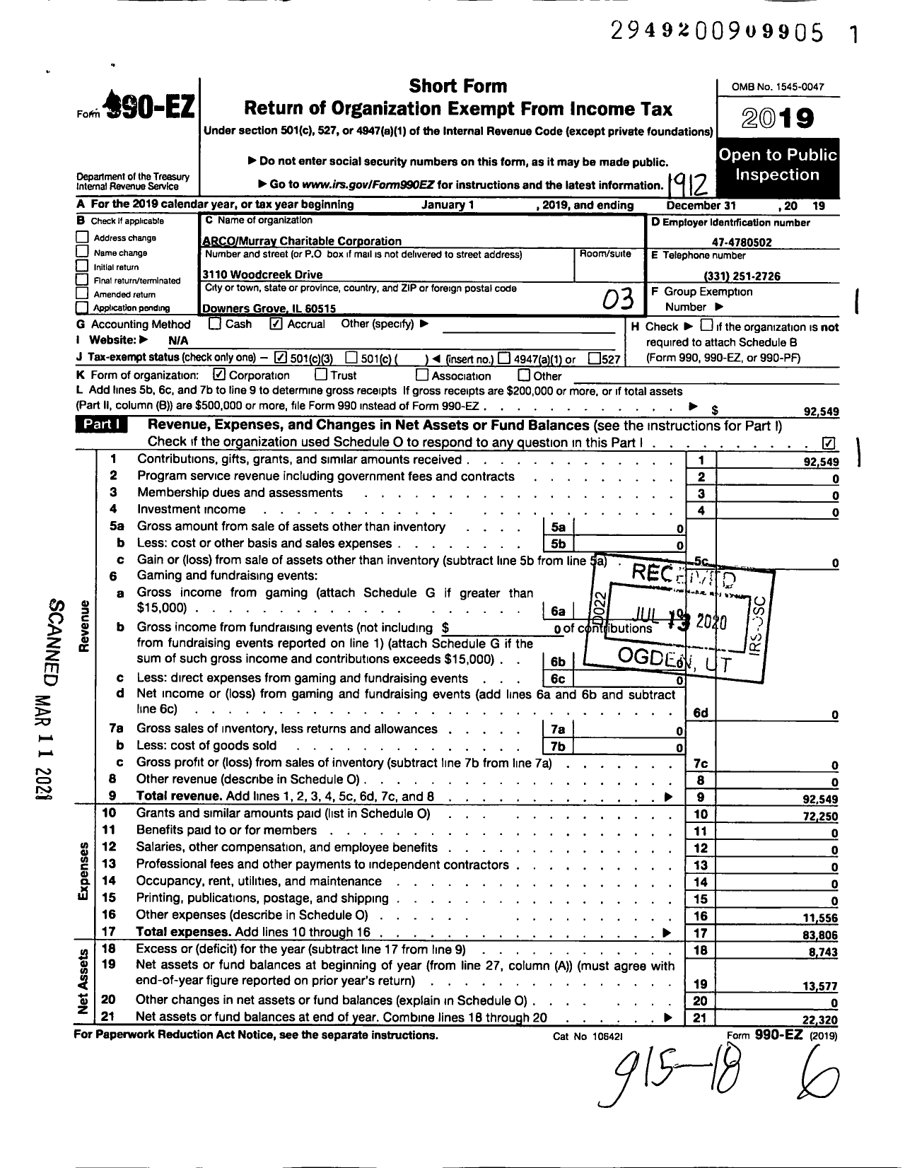 Image of first page of 2019 Form 990EZ for Arco Murray Charitable Corporation