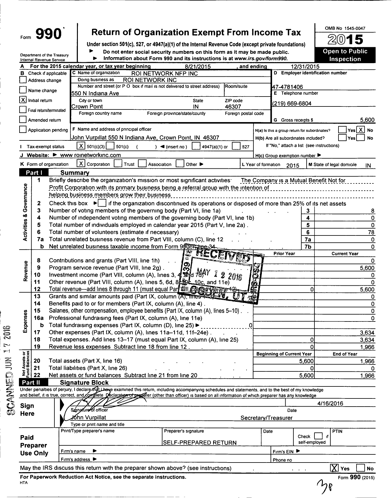 Image of first page of 2015 Form 990 for Roi Network NFP