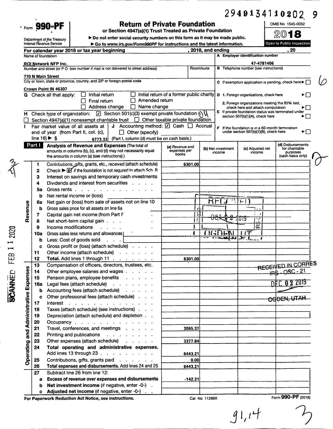 Image of first page of 2018 Form 990PF for Roi Network NFP