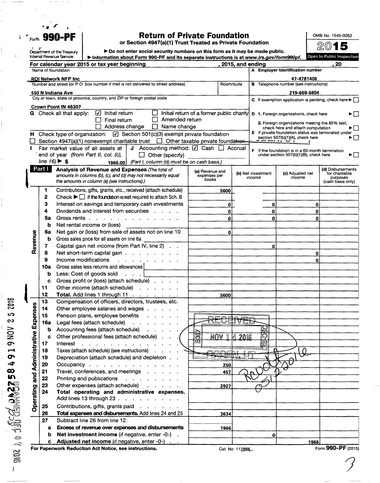 Image of first page of 2015 Form 990PF for Roi Network NFP