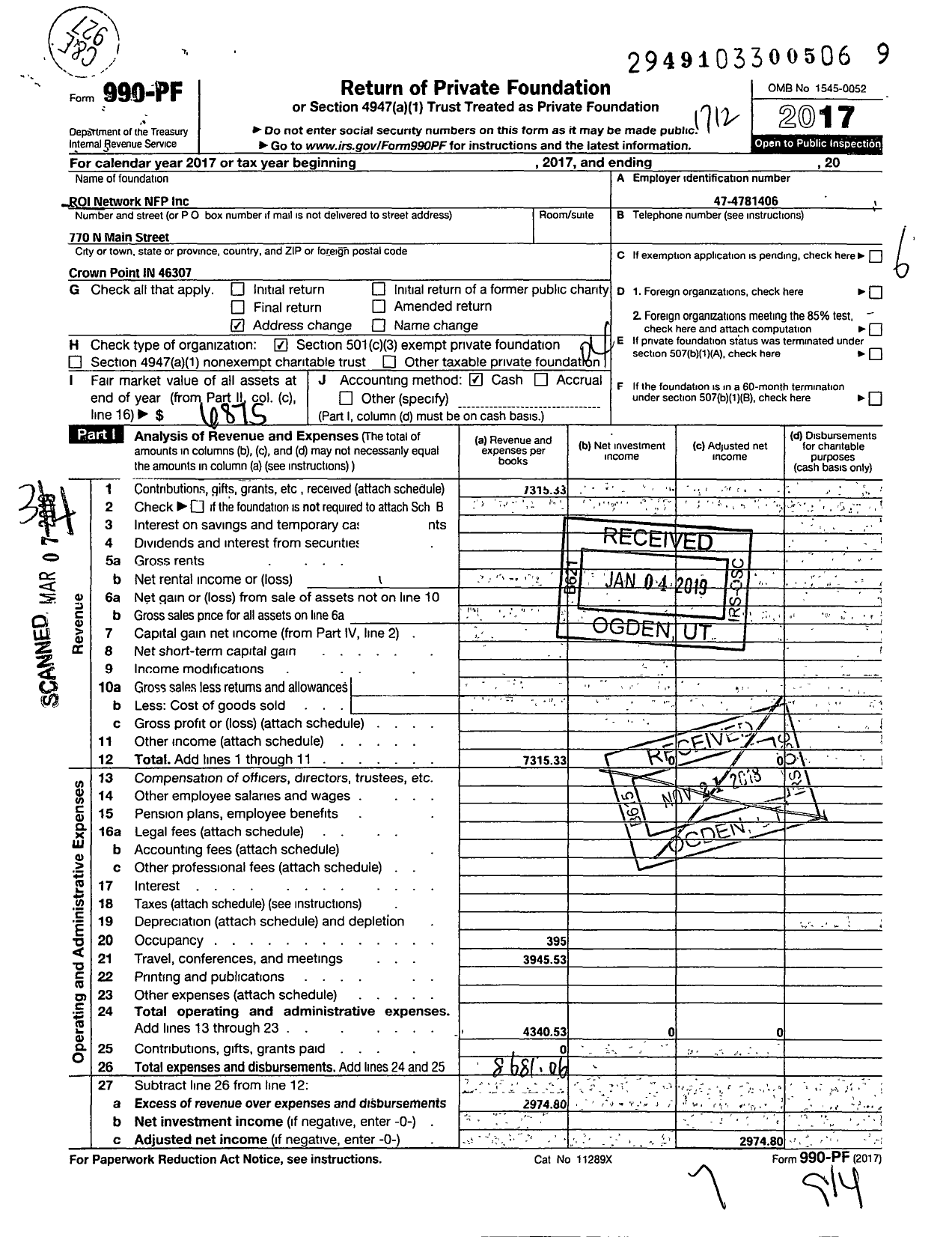 Image of first page of 2017 Form 990PF for Roi Network NFP